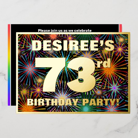 第73回バースデーパーティー – おもしろいカラフル、Fireworks Look 箔招待状 (正面/裏面)