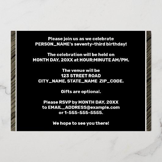 第73回バースデーパーティー – はっきりした、木目フェイク文字 箔招待状 (裏面)