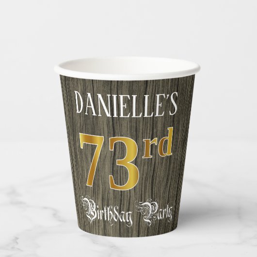 第73回バースデーパーティー – フェイク金ゴールド&ウッドフェイク・ルックス 紙コップ (正面)