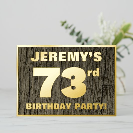 第73回誕生日パーティはっきりしたーフェイク:, Wood Grain Pattern 箔招待状 (立ち正面)