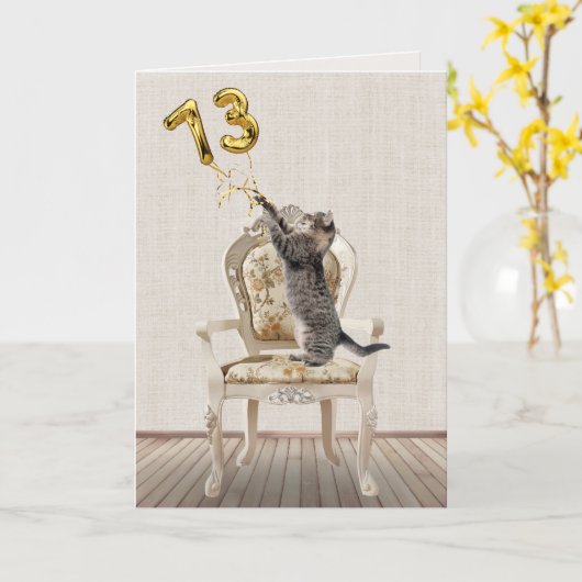 第73誕生日風船とタビー猫 カード (黄色い花)