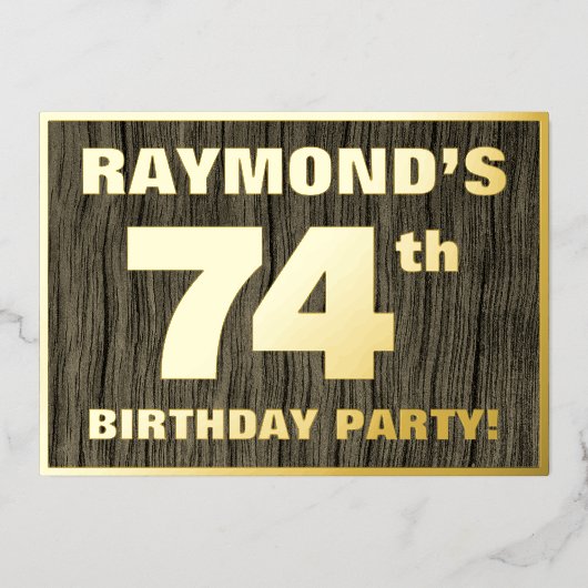 第74回バースデーパーティーはっきりした:,木目フェイク模様 箔招待状 (正面)