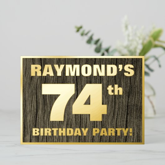 第74回バースデーパーティーはっきりした:,木目フェイク模様 箔招待状 (立ち正面)