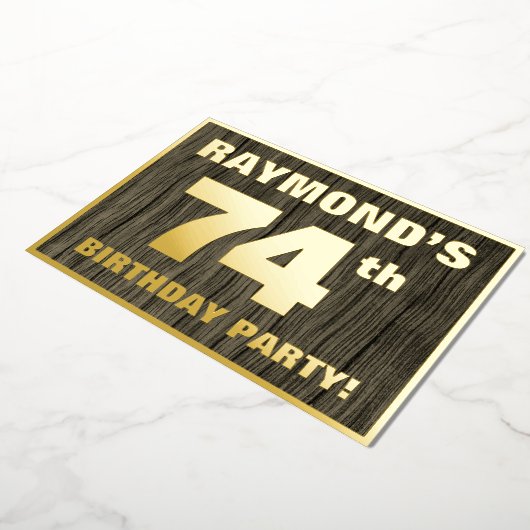 第74回バースデーパーティーはっきりした:,木目フェイク模様 箔招待状 (回転した状態)