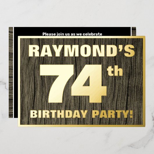 第74回バースデーパーティーはっきりした:,木目フェイク模様 箔招待状 (正面/裏面)