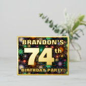 第74回バースデーパーティーはっきりした:, Fireworks カラフル Look 箔招待状ポストカード (立ち正面)