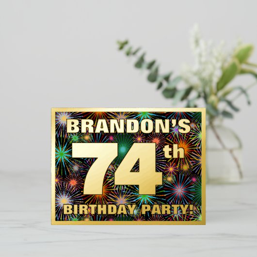 第74回バースデーパーティーはっきりした:, Fireworks カラフル Look 箔招待状ポストカード (立ち正面)