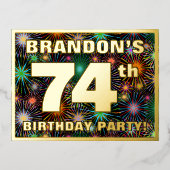 第74回バースデーパーティーはっきりした:, Fireworks カラフル Look 箔招待状ポストカード (正面)