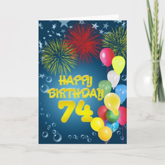 第74誕生日の花火と風船カード カード (正面)