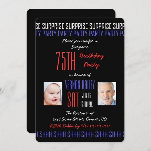 第75回サプライズ誕生日パーティー写真オンブラック 招待状 (正面/裏面)