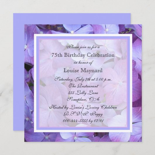 第75回バースデーパーティー招待紫紫紫陽花 招待状 (正面/裏面)