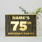 第75回誕生日パーティーはっきりした：木目フェイク模様 箔招待状 (立ち正面)