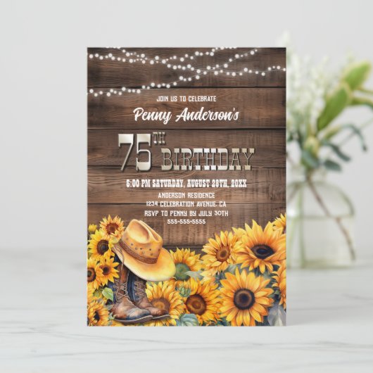 第75回誕生日パーティーウッドス素朴ンフラワー 招待状 (スタンド正面)