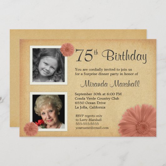 第75回誕生日パーティーデイジー素朴2フォト招待状 招待状 (正面/裏面)