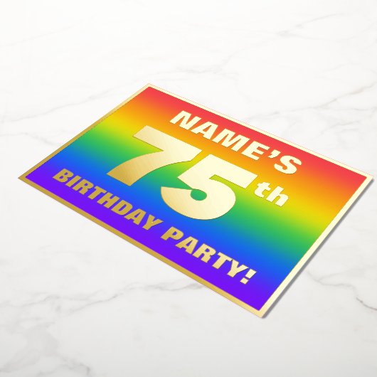 第75回誕生日パーティー:おもしろいカラフル、レインボーパターン 箔招待状 (回転した状態)