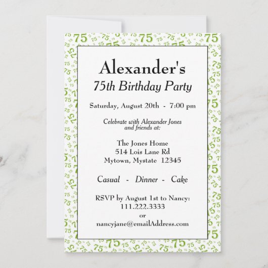 第75誕生会の緑および白い数パターン 招待状 (正面)