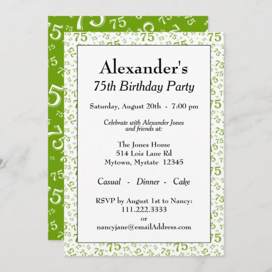 第75誕生会の緑および白い数パターン 招待状 (正面/裏面)