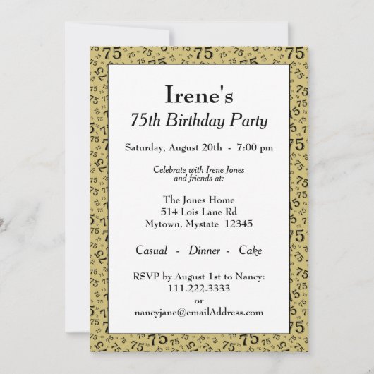 第75誕生会の金ゴールドおよび黒い数パターン 招待状 (正面)