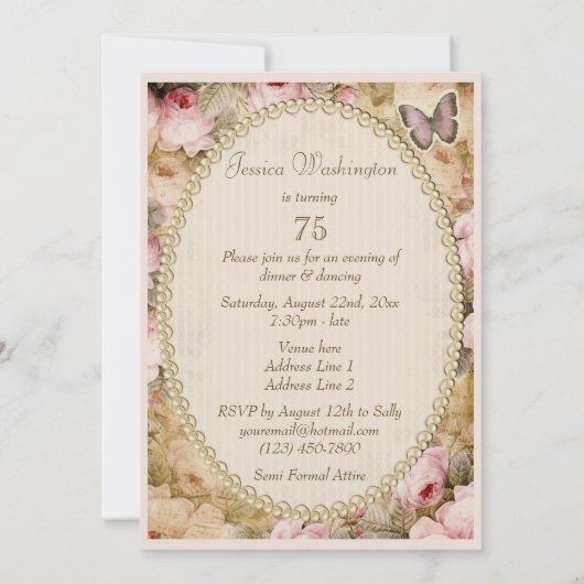 第75誕生日のヴィンテージのバラ蝶、音楽ノート 招待状 (裏面)