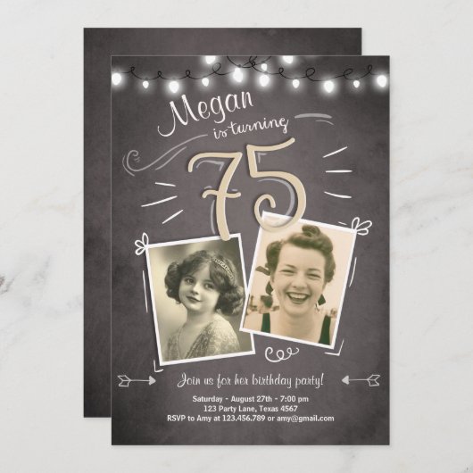 第75誕生日の招待状のヴィンテージの大人の誕生日 招待状 (正面/裏面)