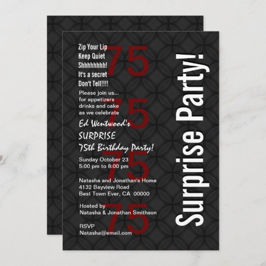第75誕生日の白黒赤いv3を驚かして下さい 招待状 (正面/裏面)