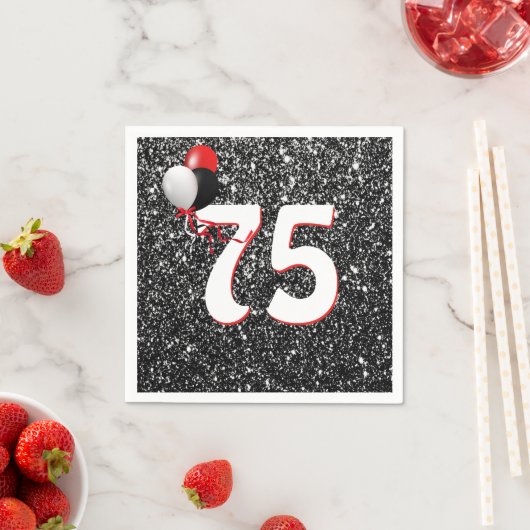 第75誕生日バルーンオンブラックグリッターナプキンス スタンダードカクテルナプキン (インサイチュ)