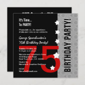 第75誕生日モダンで赤い銀製の黒くおもしろいなD845E1 招待状 (正面/裏面)