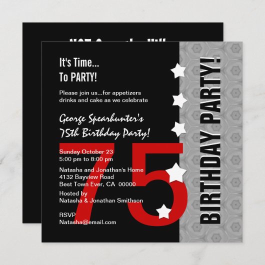 第75誕生日モダンで赤い銀製の黒くおもしろいなD845E1 招待状 (正面/裏面)