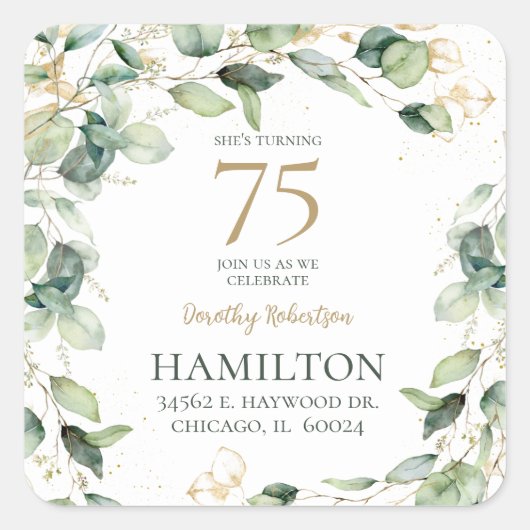 第75誕生日ユーカリ差出人住所 スクエアシール (正面)