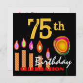第75誕生日金ゴールドキャンドルと風船メタリック 招待状 (正面/裏面)