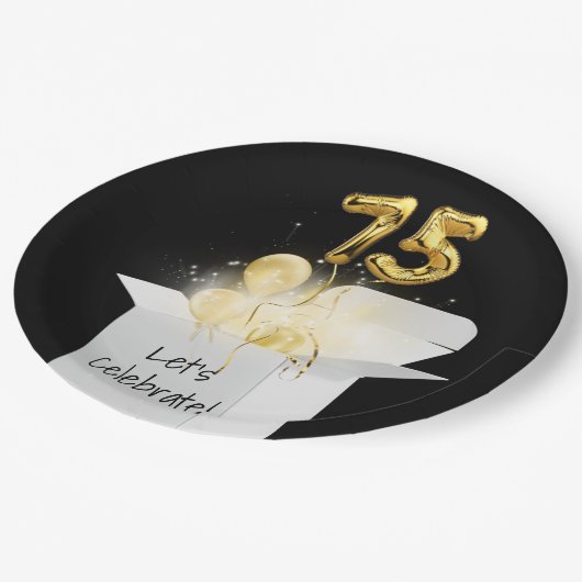 第75誕生日金ゴールドバルーン(白いボックス) ペーパープレート (アングル)