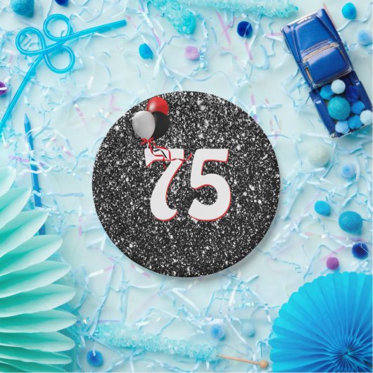 第75誕生日風船オンブラックグリッター ペーパープレート (パーティー)
