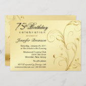 第75誕生日·サプライズ·パーティー- エレガント金ゴールド·フローラ 招待状 (正面/裏面)