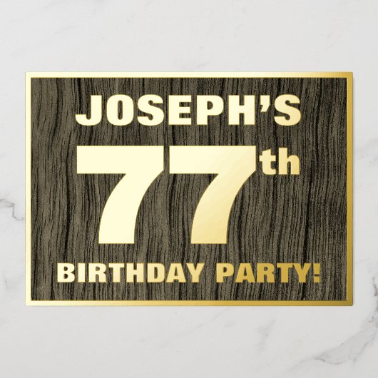 第77回バースデーパーティーはっきりした:,木目フェイク模様 箔招待状 (正面)