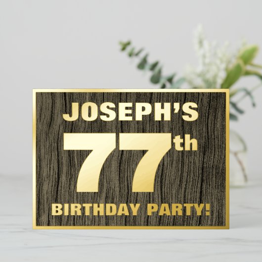 第77回バースデーパーティーはっきりした:,木目フェイク模様 箔招待状 (立ち正面)