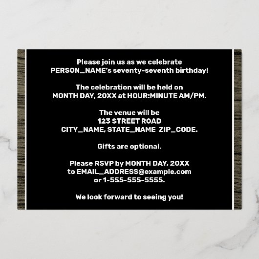 第77回バースデーパーティーはっきりした:,木目フェイク模様 箔招待状 (裏面)