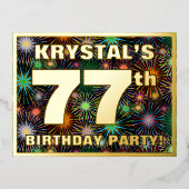 第77回バースデーパーティーはっきりした:, Fireworks カラフル Look 箔招待状ポストカード (正面)