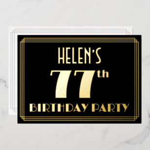 第77回誕生日パーティ：アールデコ「77」、名前付き 箔招待状