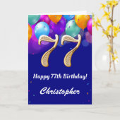 第77誕生日海軍青と金ゴールドカラフル気球 カード (黄色い花)