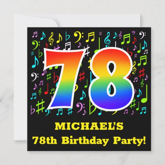 第78回バースデーパーティー:おもしろいミュージックシンボルRainbow 78 招待状 (正面)