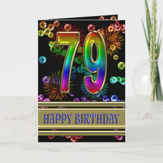 第79誕生日にレインボーバブルと花火 カード (正面)