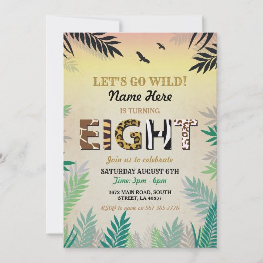 第8ジャングル8歳の誕生日パーティーサファリ動物園招待状 招待状 (正面)