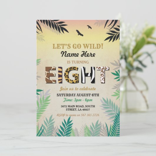 第8ジャングル8歳の誕生日パーティーサファリ動物園招待状 招待状 (スタンド正面)