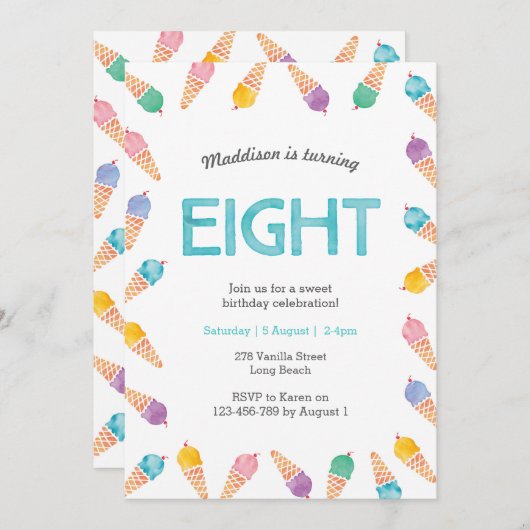 第8回誕生日パーティー | Rainbow Ice Creamのご招待 招待状 (正面/裏面)