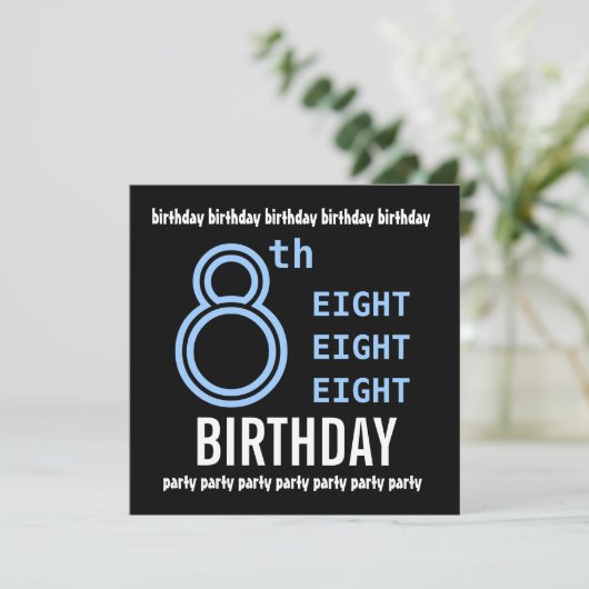 第8誕生会のモダンで青および黒いG201 招待状 (スタンド正面)