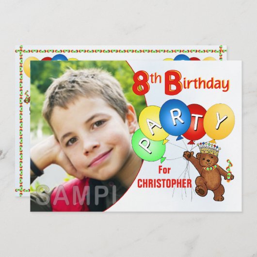 第8誕生会の王室のなテディー・ベア 招待状 (正面/裏面)