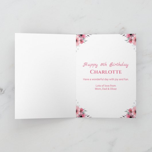 第8誕生日の少女フォトコラージピンクフラワー カード (内部)