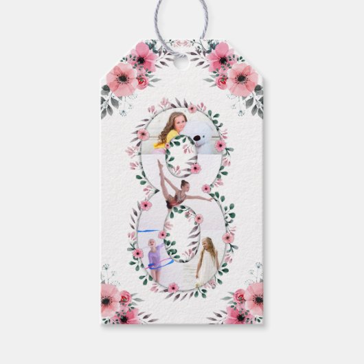 第8誕生日の少女フォトコラージピンクフラワー ギフトタグ (正面)