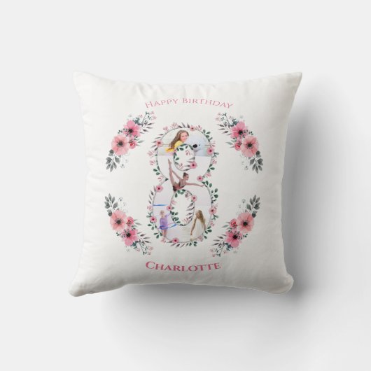 第8誕生日の少女フォトコラージピンクフラワー クッション (裏面)