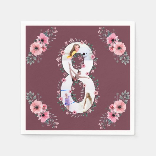 第8誕生日の少女フォトコラージピンクフラワー スタンダードカクテルナプキン (正面)